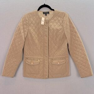 Talbots  - NWT women’s Tan Quilted Collarless Jacket full zip up Light coat SZ M